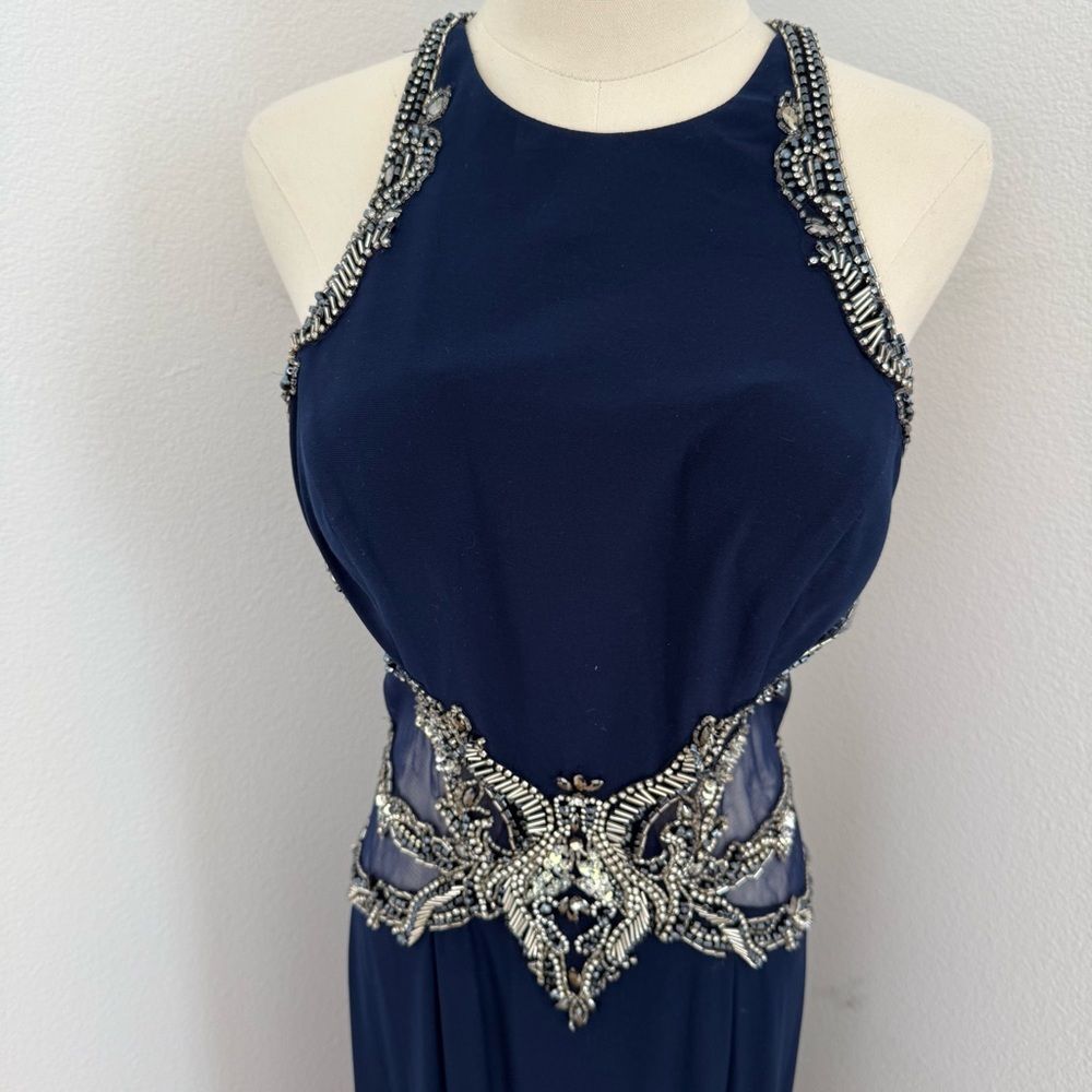 Sean Collection Navy Evening Gown with Silver Embellishment - Size 10 - Picture 2 of 6